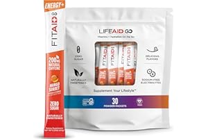 LIFEAID FITAID Energy GO Blend, 200mg Caffeine from Green Tea, Zero Sugar, All-in-One Drink: BCAAs, B-Complex, COQ-10, Keto Friendly Pre-Workout Drink, Paleo, Mango Sorbet, (Value Pack of 30)