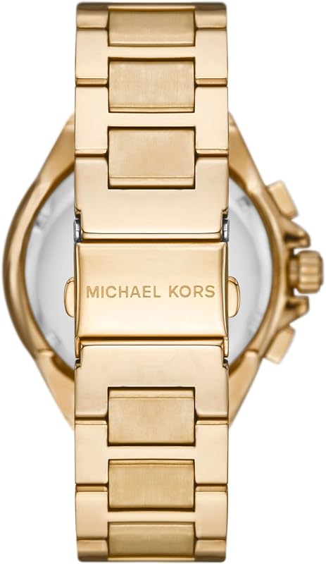 Relógio feminino michael kors camille, movimento cronógrafo, caixa de aço inoxidável dourado de 43 mm com pulseira de aço inoxidável, mk7270