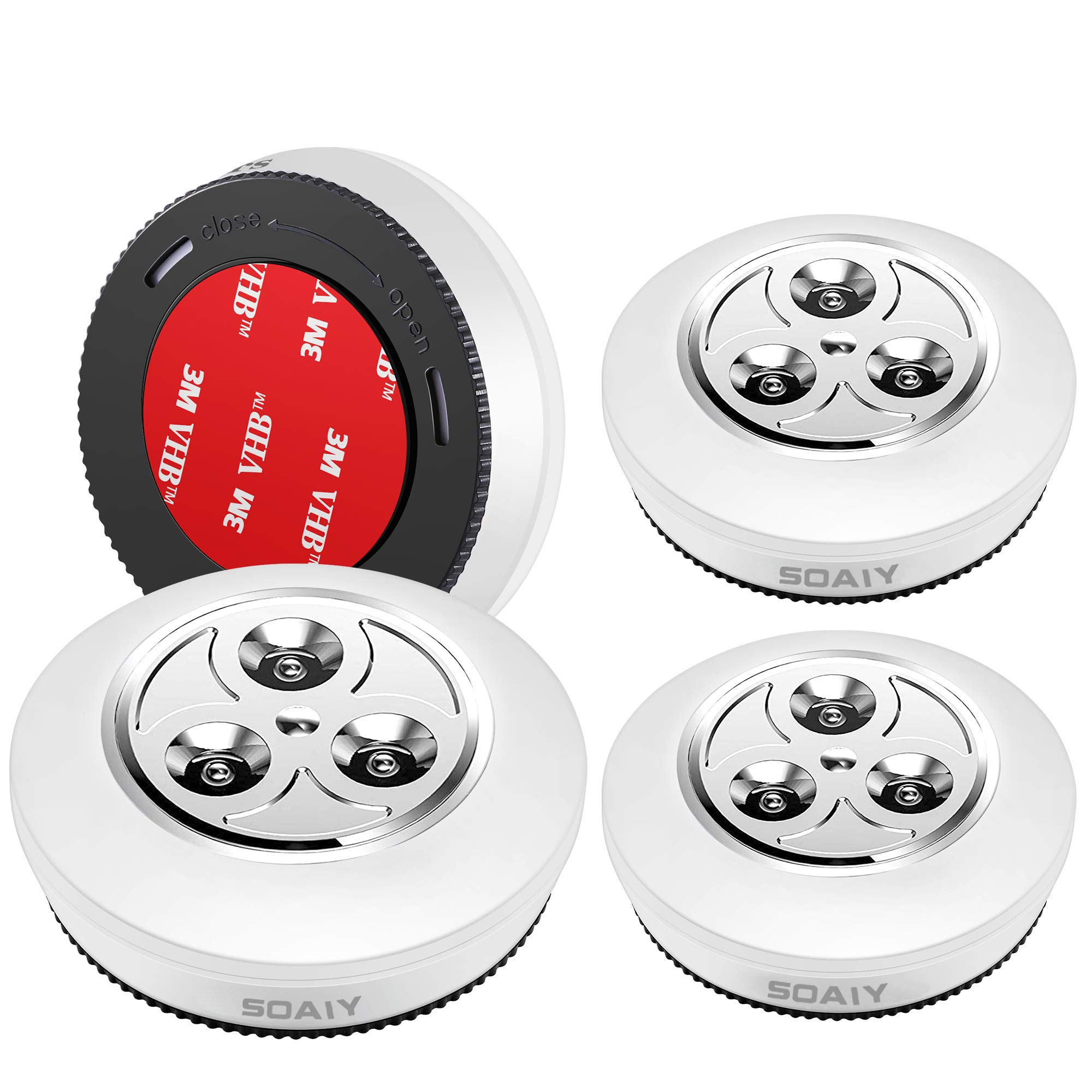 SOAIY Battery-Powered Stick Tap Lamp Touch Light, Wireless Night Light, LED Puck Lights for Bedside,Lockers,Hallway,Stairs,Kitchen,Utility Room,Bookcase,Jewelry Display,Counter Stick (White,4pcs)