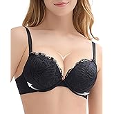 Pushlus Push Up Thick Padded Bra Plunge Lace Underwire Support Bras for Women Add One Cup