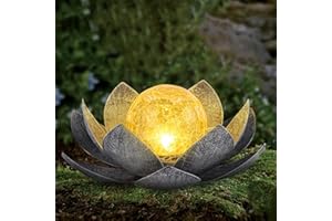 AIINY Garden Solar Light Outdoor(2Pack), Amber Crackle Globe Glass Lotus Decoration, Waterproof Gary Metal LED Flower Lights for Patio,Lawn,Walkway,Tabletop, Garden Gifts for Women