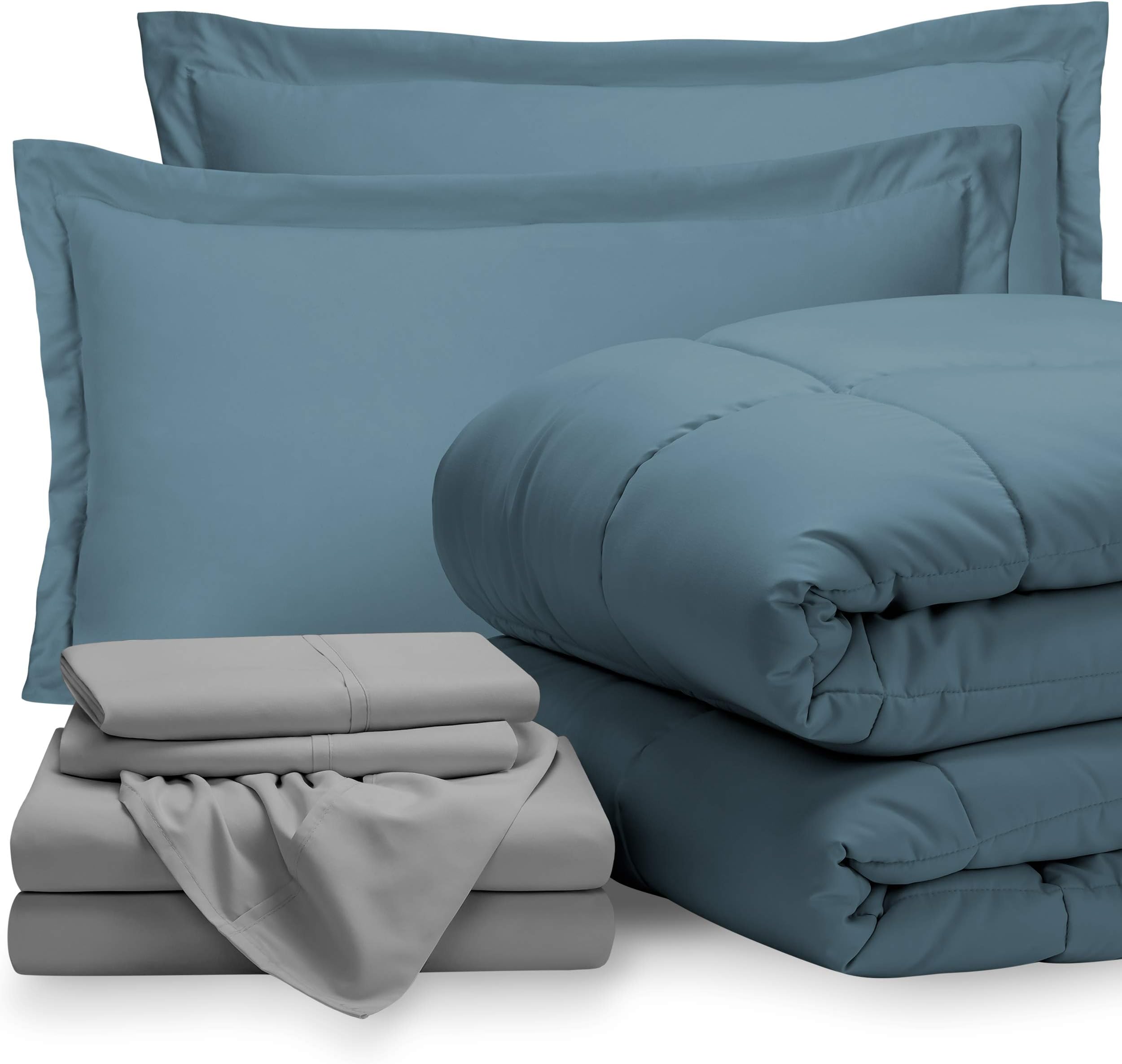 Bare Home Bed-in-A-Bag 7 Piece Comforter & Sheet Set - King - Goose Down Alternative - Ultra-Soft 1800 Premium Bedding Set (King, Coronet Blue/Light Grey)