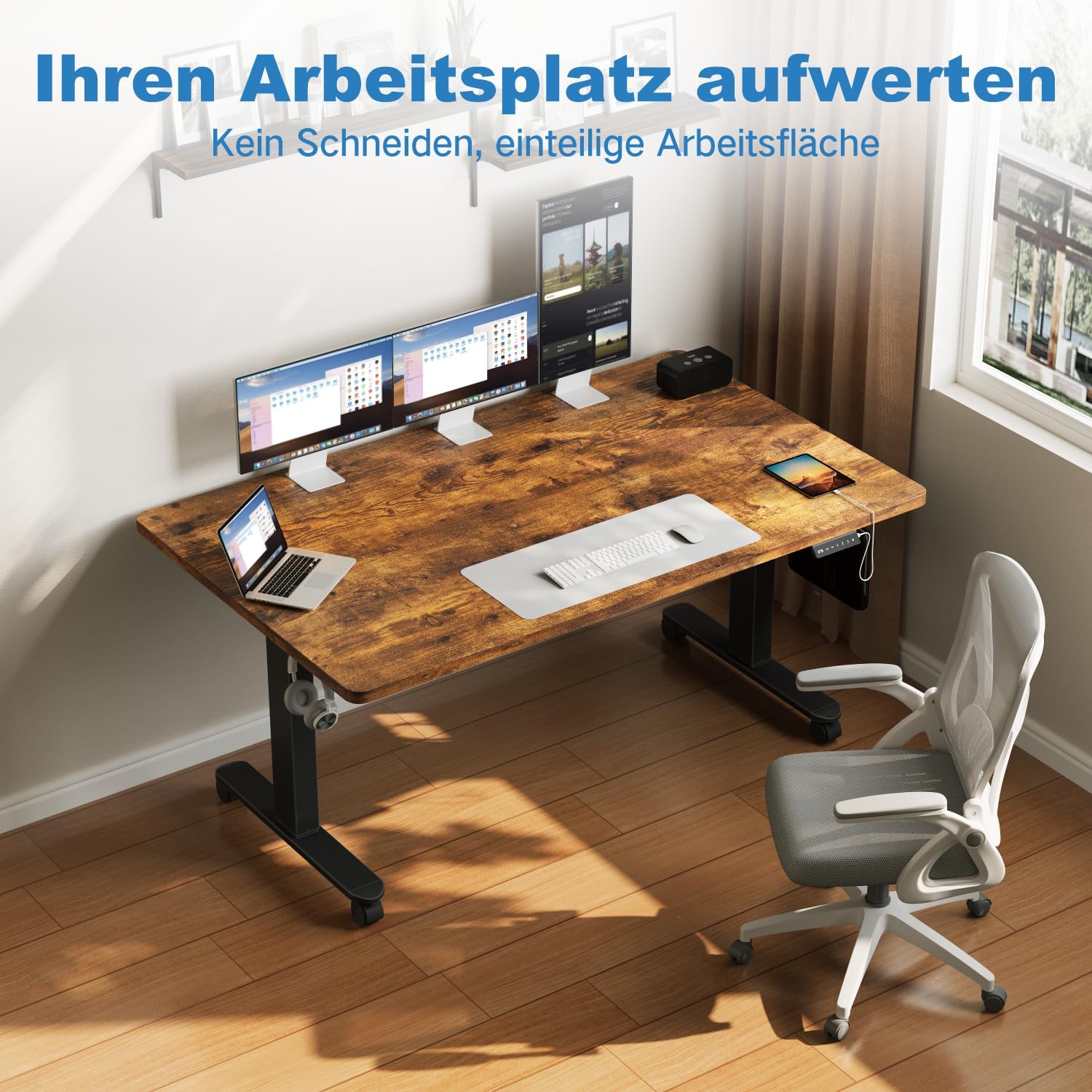 Devoko Höhenverstellbarer Schreibtisch mit 2 Motoren，25mm Einteilige Tischplatte, 160x80 cm Mobiler Elektrisch Computertisch mit Kabel Management, Vintagebraun - Perfekte Ergonomie für Dein Büro 8