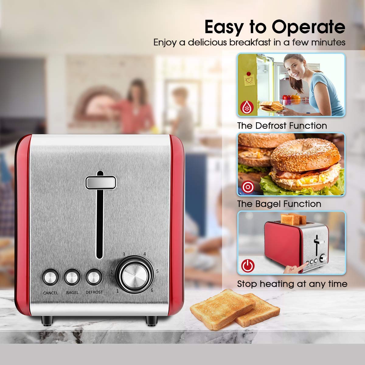 2 Slice Toaster, MKG Stainless Steel Bagel Toaster with Extra Wide Slots, 6 Shade Settings, Bagel/Defrost/Cancel Function, Removable Crumb Tray, High Lift Lever, Red