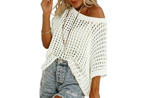 Sidefeel Women's Crochet Tops Short Sleeve Sweater 2025 Fashion Hollow Out Scoop Neck Pullover Knit Tops Cover Ups