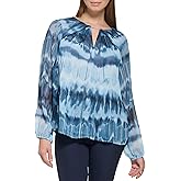 Calvin Klein Women's Essential Shirred Front Longsleeve Printed Blouse