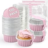 Ruckae 5oz 100 PCS Round Mini Loaf Pans with Lids,Mini Cake Pans with Lids,Disposable Aluminum Foil Ramekins Baking Cups for Birthday Party Weddings (Pink, 5oz)