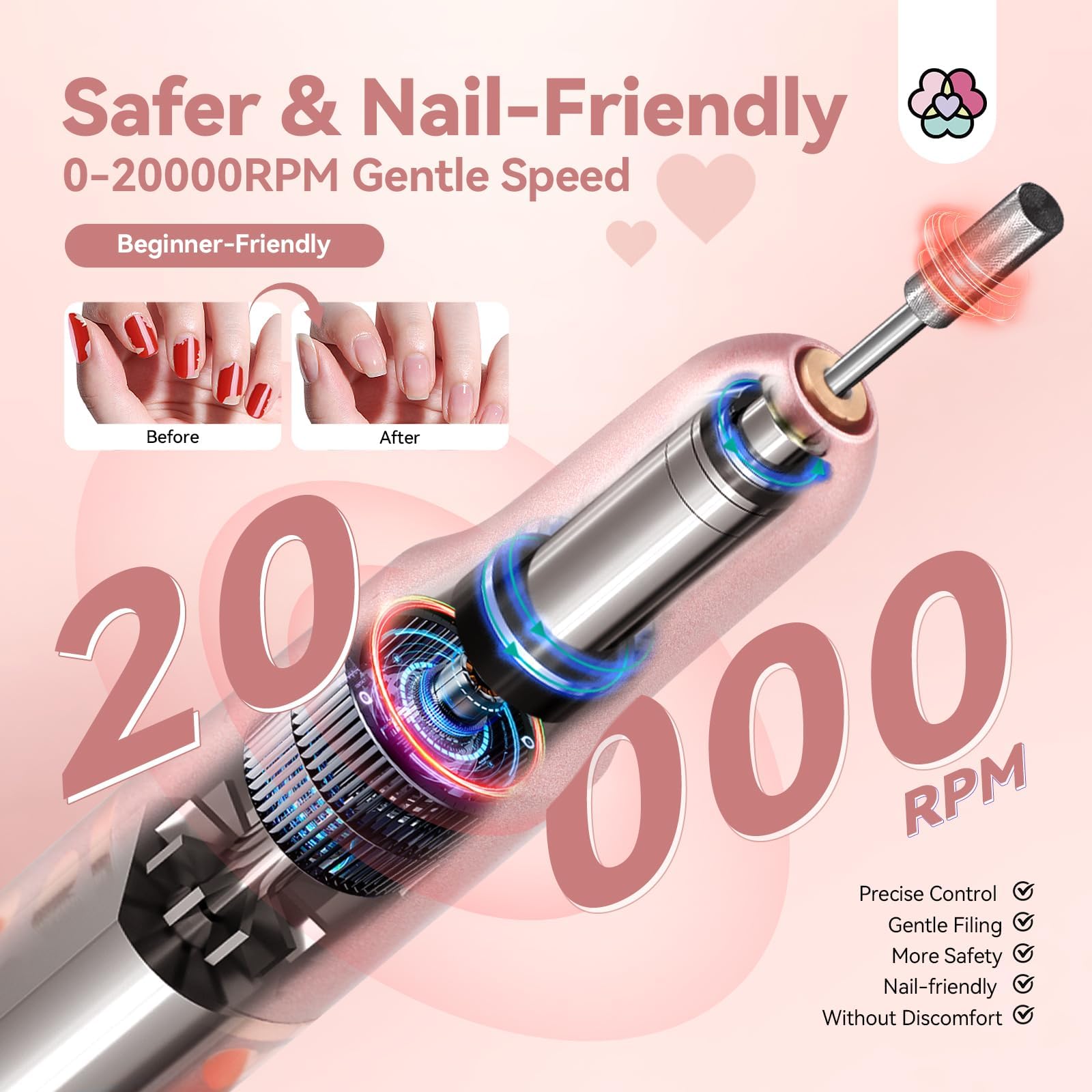 SAVILAND Acrylic Electric Nail Drill : Exclusive Love Series Portable Efile Nail Drill Machine Professional Complete Drill Bits for Remove Acrylic Nails Manicure & Toenails Nail Care Home Salon DIY - Image 4