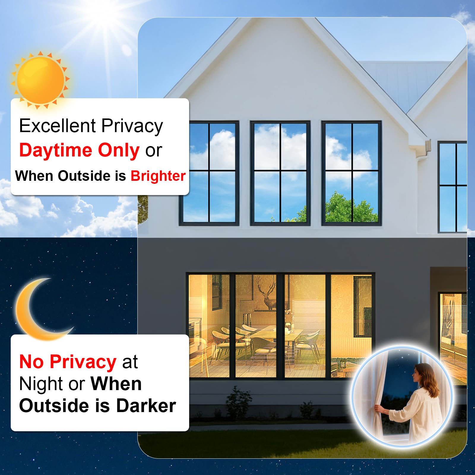 Condition photo showing New/Like New for window privacy film one way daytime privacy static cling sun blocking anti uv reflective window tint