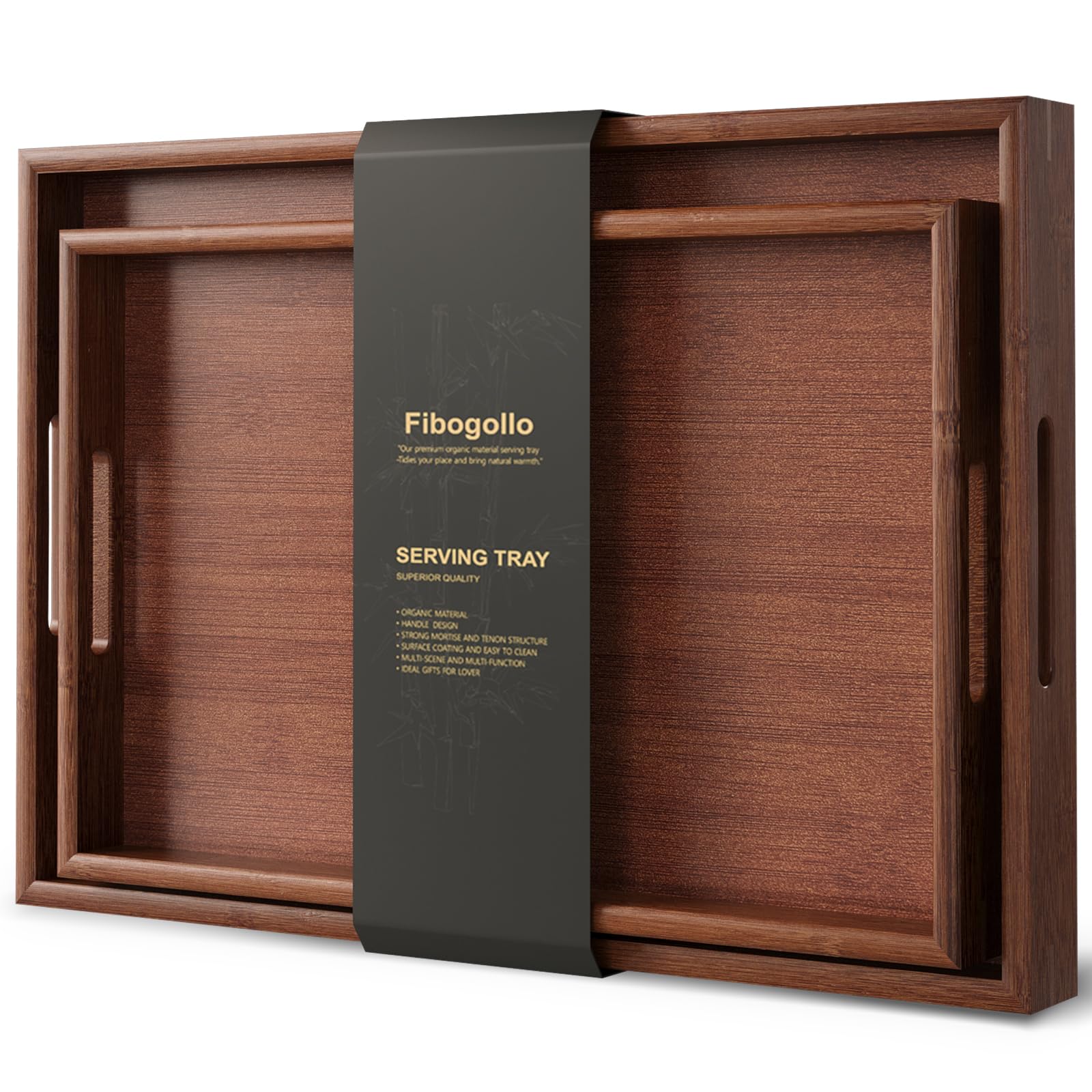 Fibogollo bamboo serving trays with cut-out handles, set of two