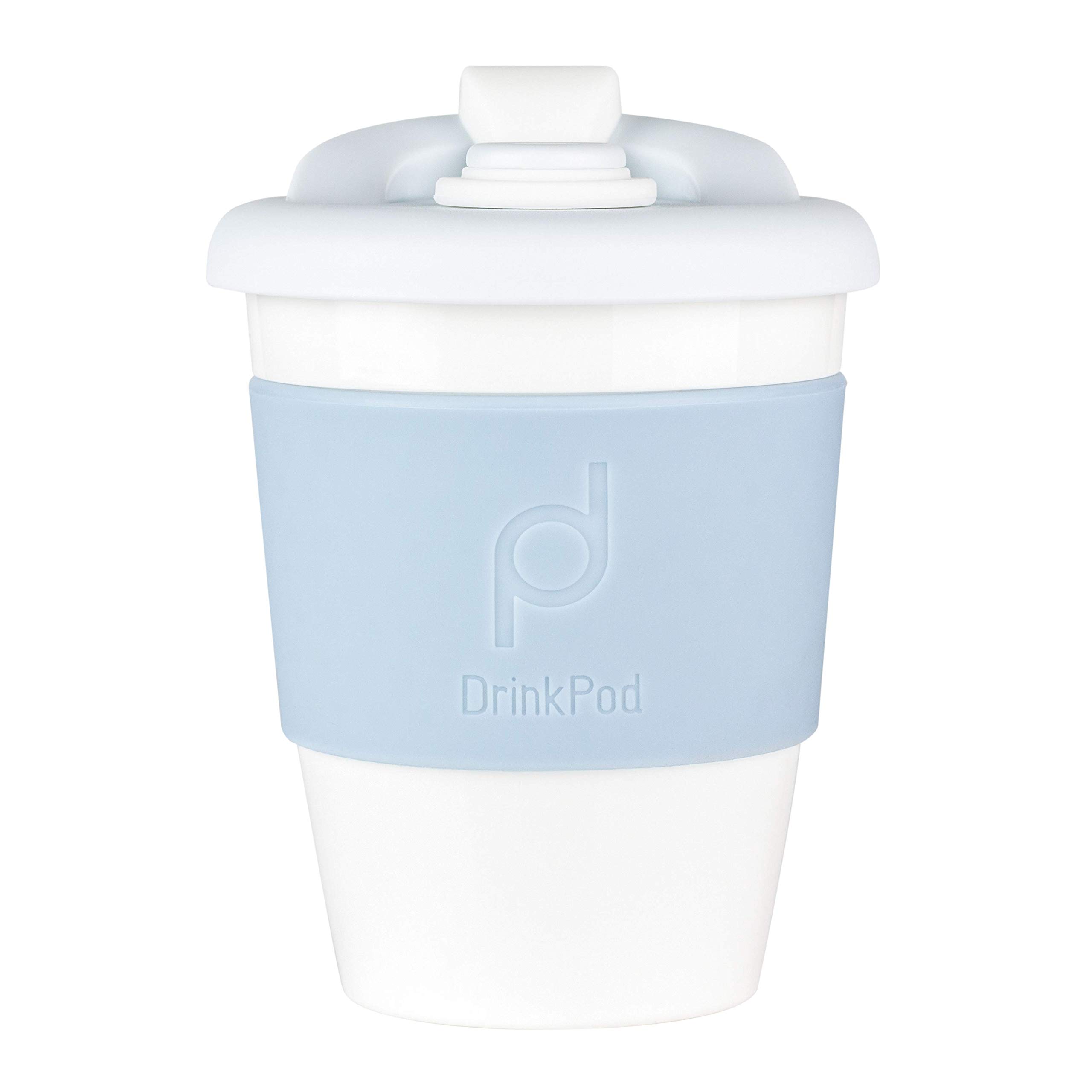 Drink Pod 12oz/340 ml Reusable Coffee Cup/Travel Mug with Rotating Rubber Lip BPA Free PLA Plastic – Winter/White