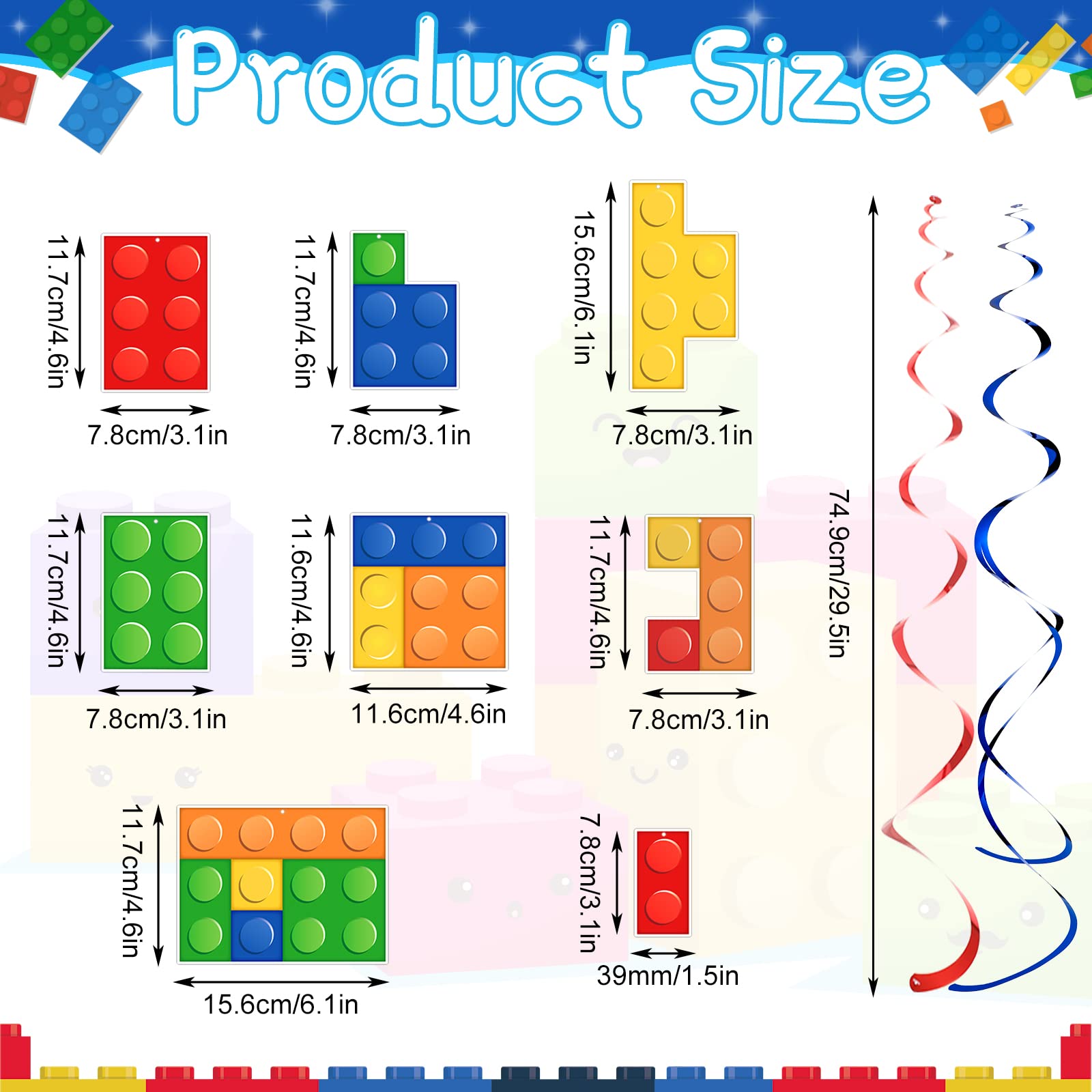 30 Pcs Building Blocks Party Favors Hanging Swirl Decoration Set with Single Double Hanging Swirl for Building Block Theme Birthday Ceiling Decor