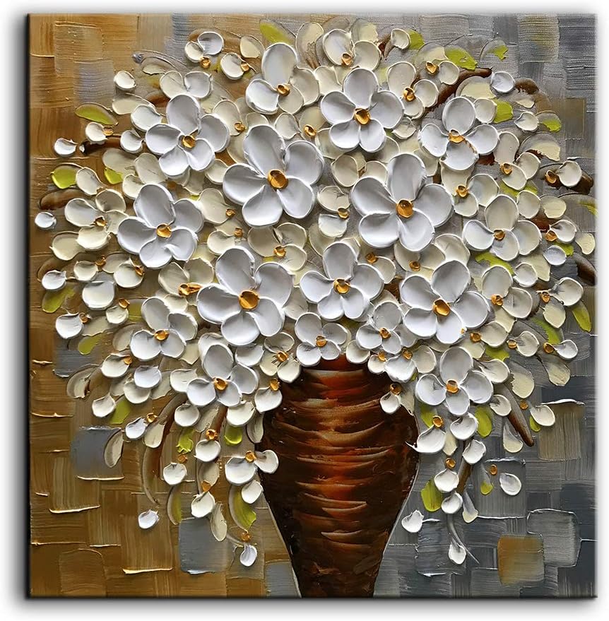 baccow Oil Paintings 2424", 3D Abstract Wall Art White Flower Vases Decorations, Blooming Flower Paintings Framed Wall Pictures for Dining Room Bedroom Office Kitchen Walls