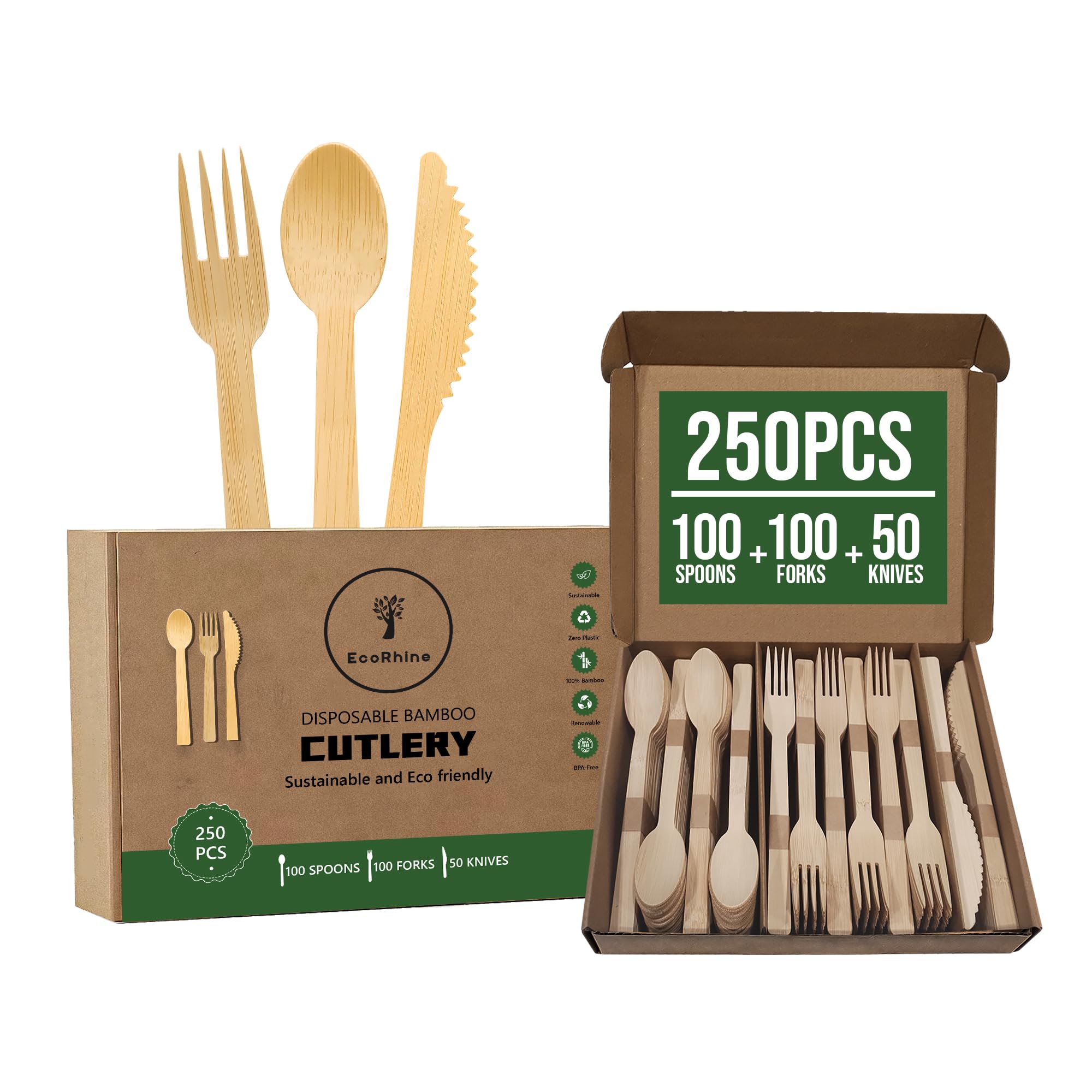 Photo 1 of EcoRhine Disposable Bamboo Cutlery Set - 250 PCS Bamboo Utensil Set with 100 Compostable Forks, 100 Spoons, and 50 Knives - Disposable Cutlery Set for Outdoor, Party, Camping & More