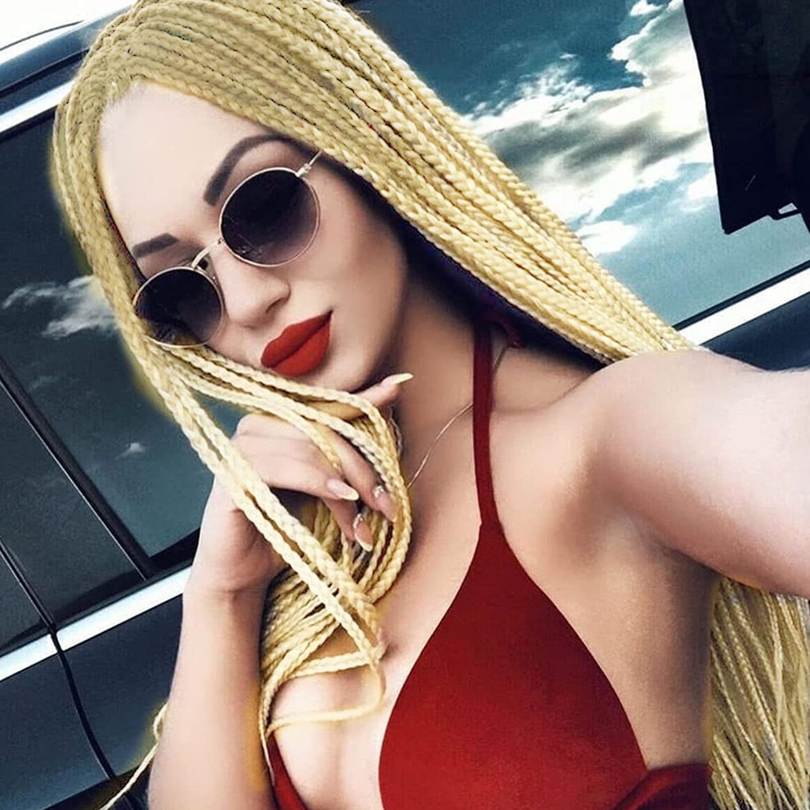 613 Blonde Braided Wig Long Cornrow Knotless Braid Wigs for Women Handmade Micro Pre Braided Box Braids Lace Wig Natural Hairline Glueless Synthetic Heat Resistant Fiber Hair Cosplay Daily 26Inch