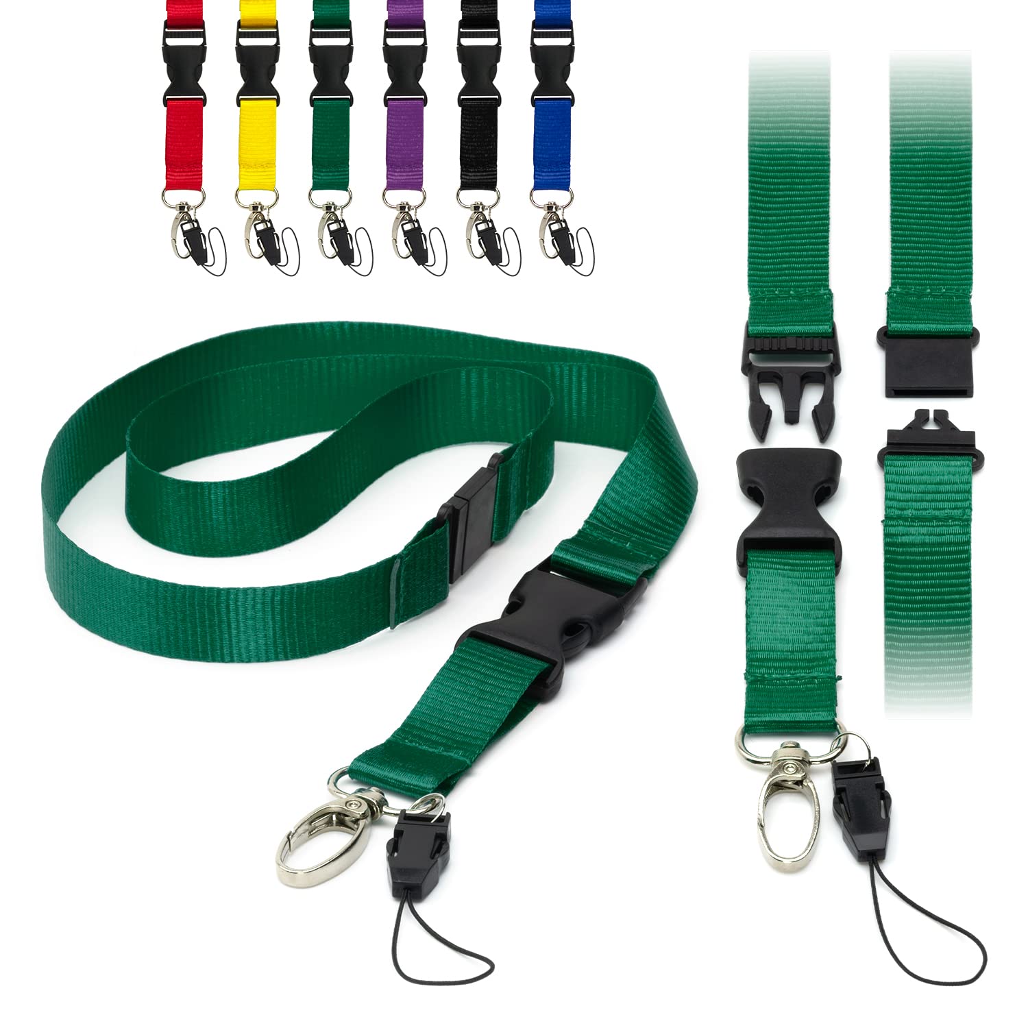 Green Detachable 2cm Flat Lanyards with Buckle, Safety Breakaway Pull, Metal Clip, and Loop String ID Badge Holders Lanyard Neck Strap by LanyardsTomorrow Pack of 10