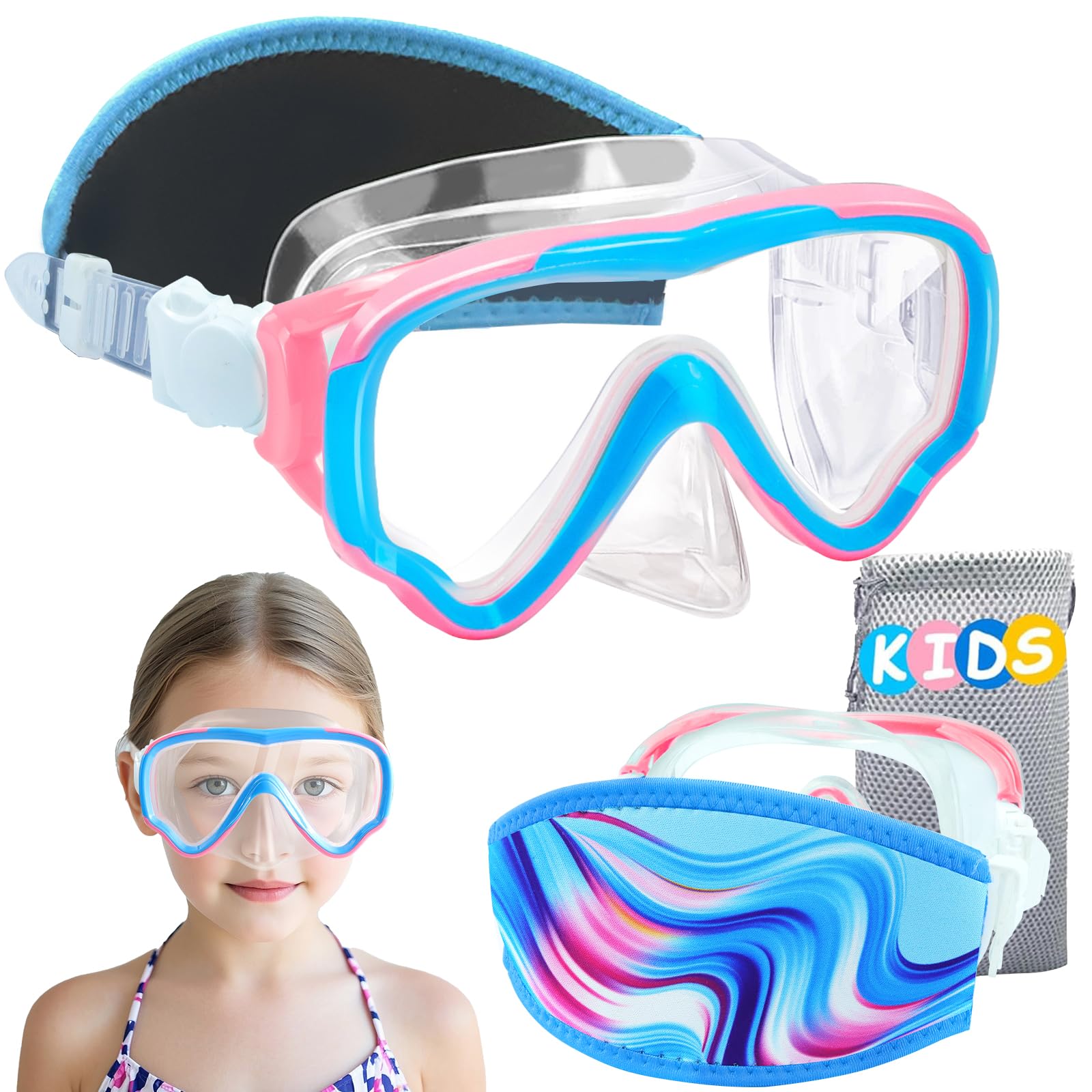 Photo 1 of Vvinca Kids Swim Goggles with Nose Cover, Fabric Strap Swimming Goggles Snorkel Diving Mask No Leak Wide View Anti Fog Anti-UV Anti-Shattered Lens Swim Mask Water Goggles for Toddlers Kids Youth 3-15