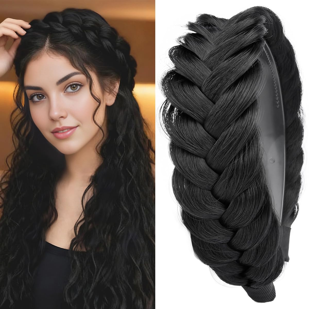 GLEDOLA Wide Messy Braided Headband with Teeth Synthetic Hair Plaited Headband High Elasticity Braids Chunky Fishtail Braided Hair Band Hairpiece for Girls Women (Natural Black) — image 1