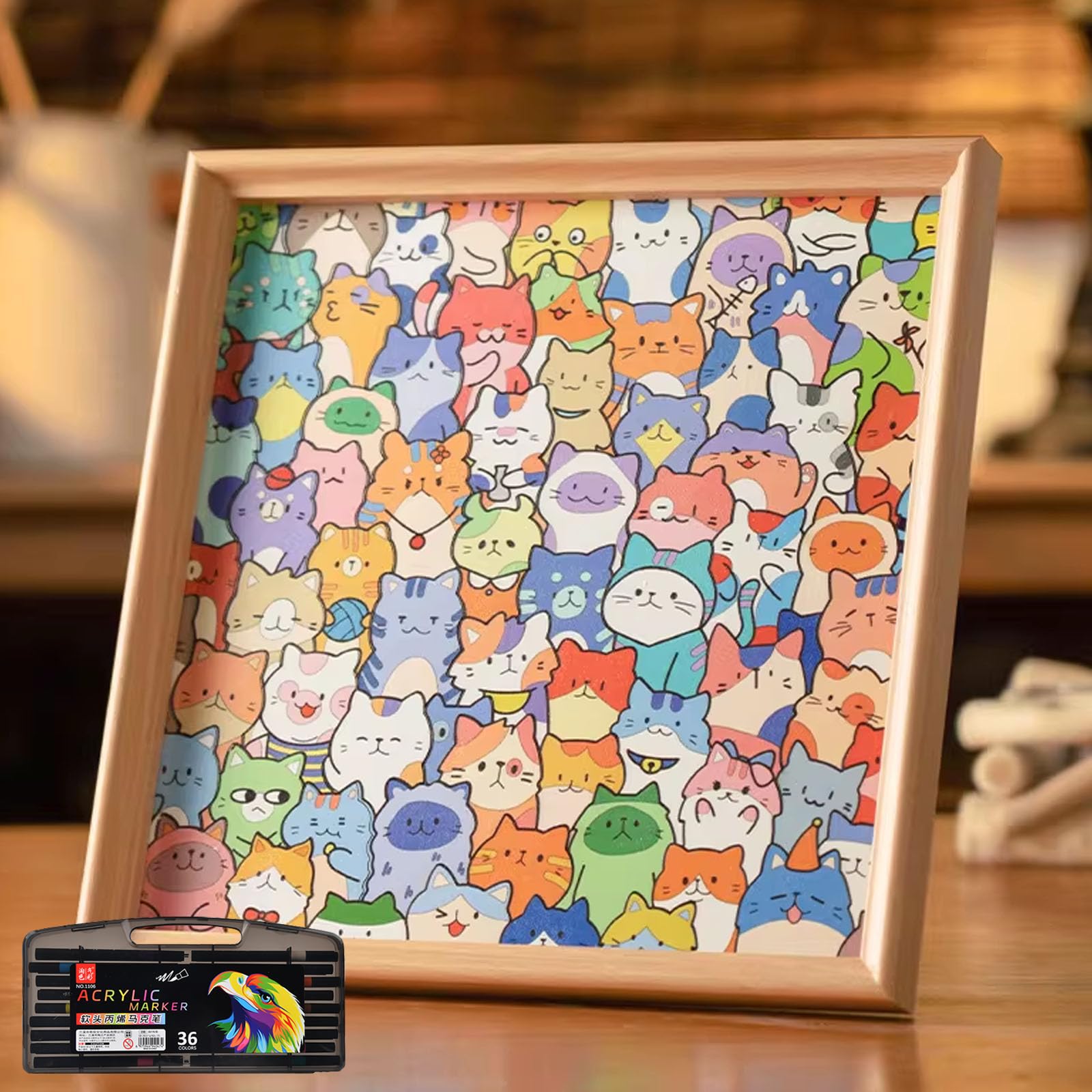 Cat Jigsaw Puzzle for Easter Gifts, Cat Puzzle Wooden Colouring Puzzle for Kids & Adults, DIY Coloring Frame for Bedroom Playroom Classroom Home Easter Decorations and Birthday Gift