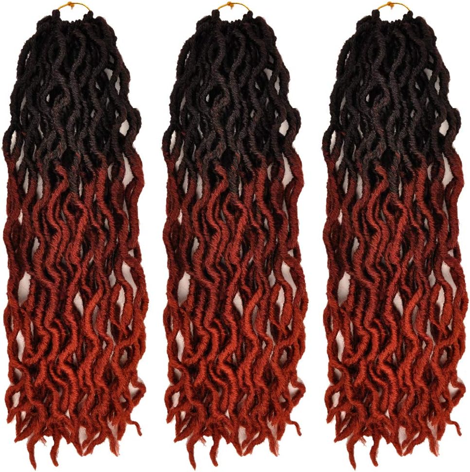 MYCHANSON 6Packs 20inches Ombre Curly Faux Locs curly Crochet Hair Extensions Pre-Looped Deep Wavy Goddess Locs Crochet Hair(Black to Deep Red to Light Red)