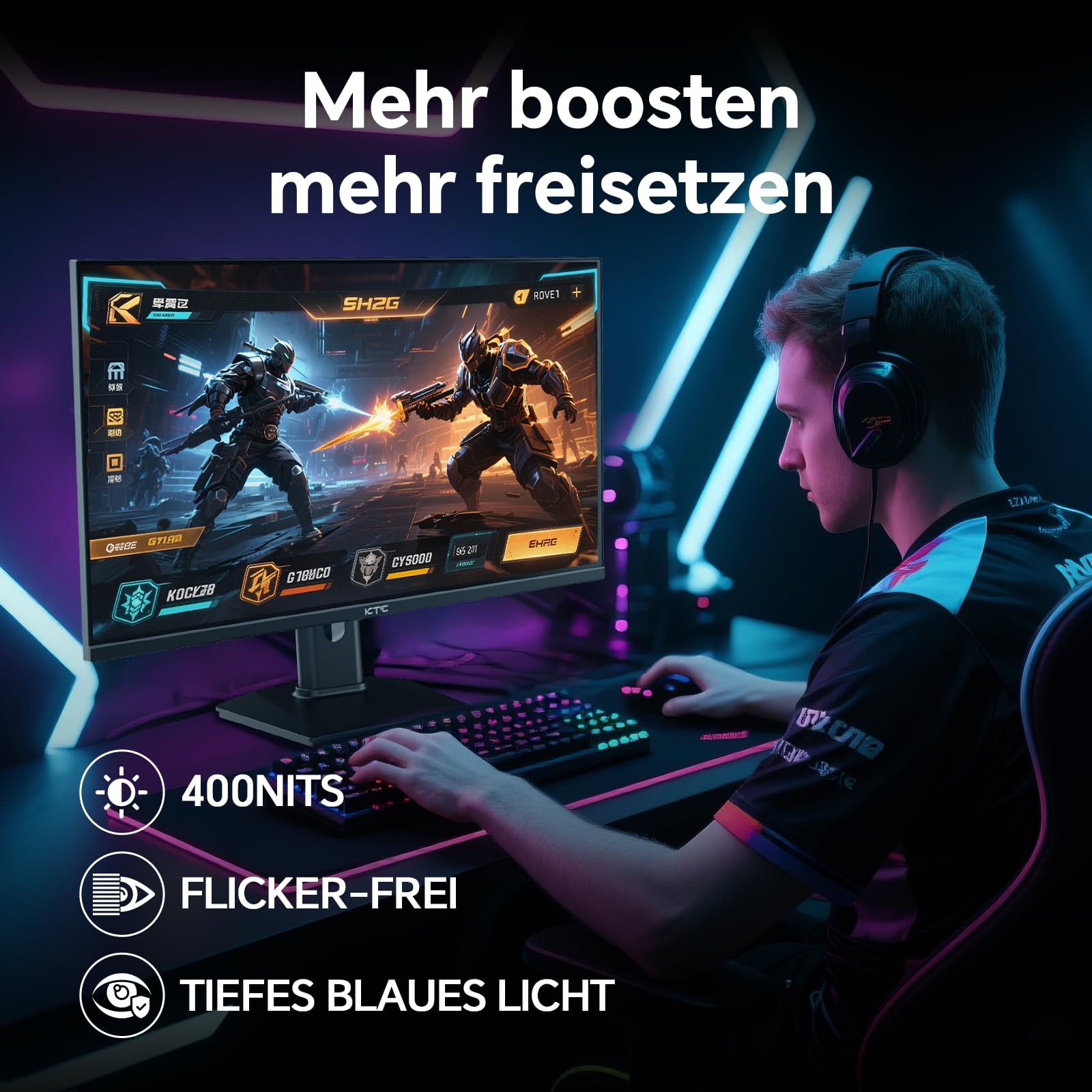 KTC Gaming Monitor, Bildschirm 24 Zoll QHD 2K@180Hz / 144Hz mit Fast IPS Panel,1ms, HDR 400, Adaptive Sync, 400 cd/m² Helligkeit, Verstellbarer Ständer für vertikale und VESA (100x100 mm) 8