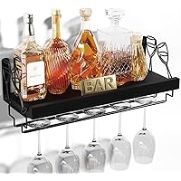 Love-KANKEI Wall Mounted Wine Rack, 17inch Wine Glass Rack Floating Shelf with Stemware Hanger, Wood Wall Shelf Wine Display