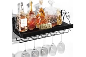 Love-KANKEI Wine Rack with Stemware Hanger, 17inch Wine Glass Rack, Floating Shelf Wall Mounted, Wood Wall Shelf for Kitchen, Dinning Room, Home Bar, Living Room etc, Pitch Black