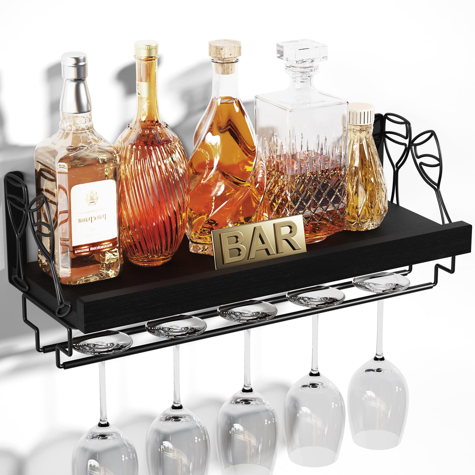 Photo 1 of Love-KANKEI Wine Rack with Stemware Hanger, 17inch Wine Glass Rack, Floating Shelf Wall Mounted, Wood Wall Shelf for Kitchen, Dinning Room, Home Bar, Living Room etc, Pitch Black