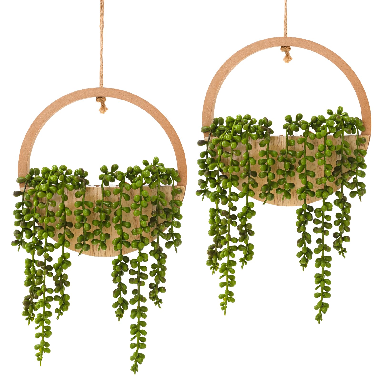 Hobyhoon Hanging Plant Artificial Succulents Fake String of Pearls Plants 12.2'' in Wooden Pot for Indoor Outdoor Wall Decor (Wood-2pcs)