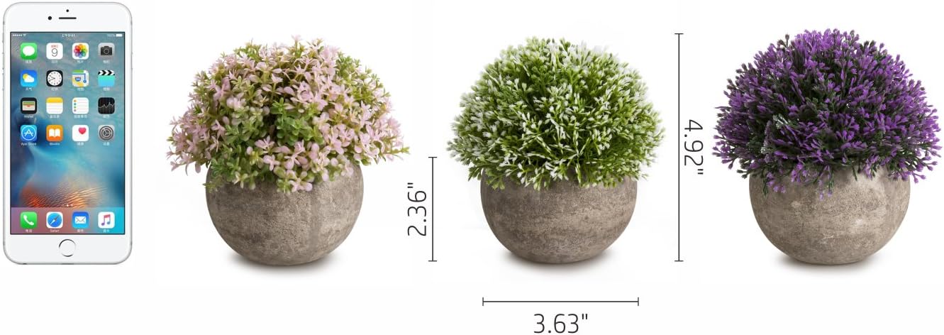 Opps Mini Artificial Plants Plastic Fake Green Colorful Flower Topiary Shrubs with Gray Pot for Home Décor – Set of 3 -