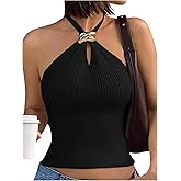 Verdusa Women's Sexy Ribbed Halter Tops Sleeveless Cropped Going Out Tops for Date Night
