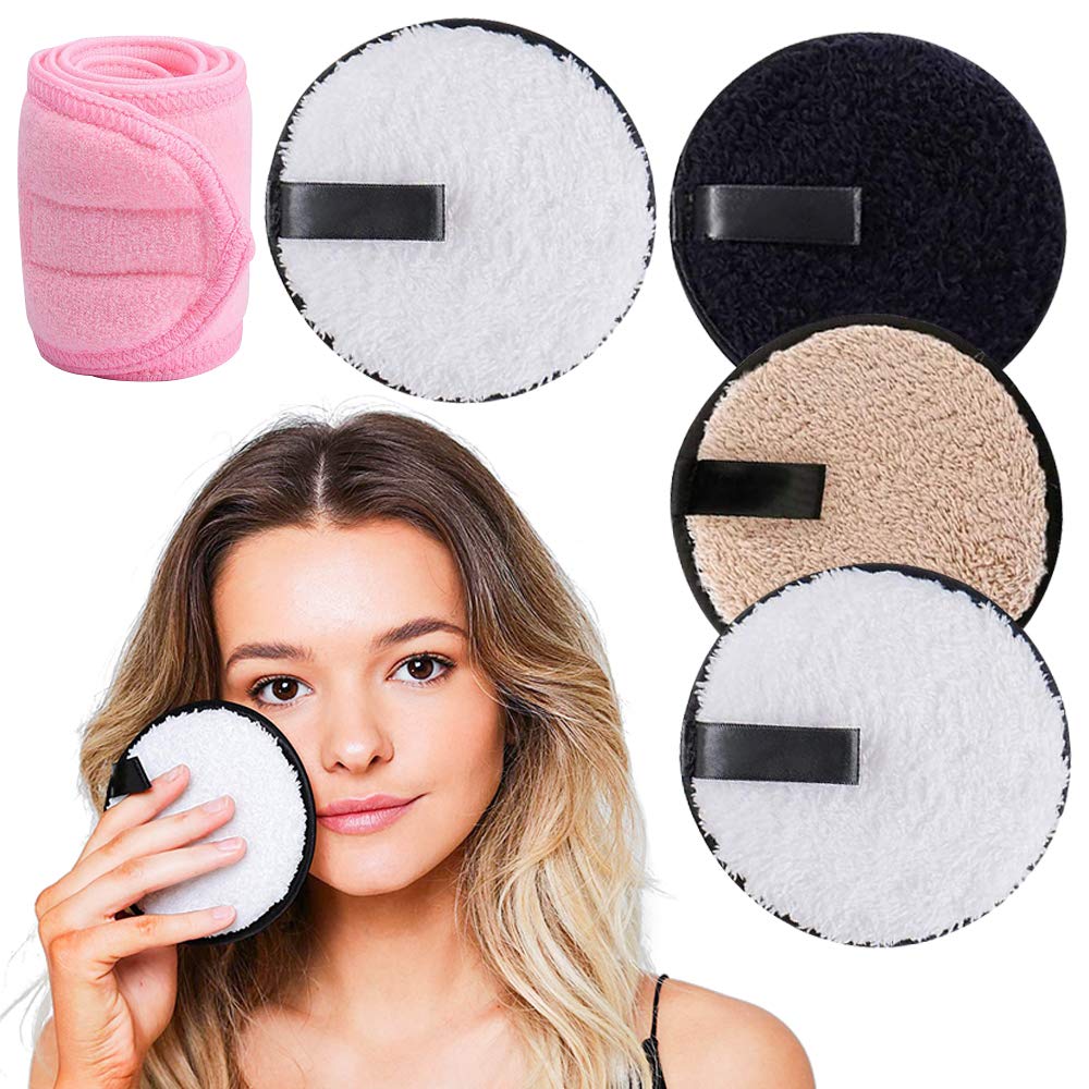 XCOZU 4 Pieces of Washable Makeup Remover Pads with Hair Band Pink Cosmetic, Washable Reusable Microfiber Makeup Remover Pads (Black White Brown)