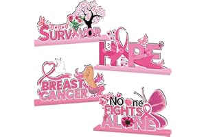 CHYAGCLT 4Pcs Breast Cancer Awareness Decorations, Breast Cancer Awareness Wooden Table Centerpiece Pink Ribbon Fight Breast Cancer Decorations for Women Breast Cancer Patient Survivor Party Supplies