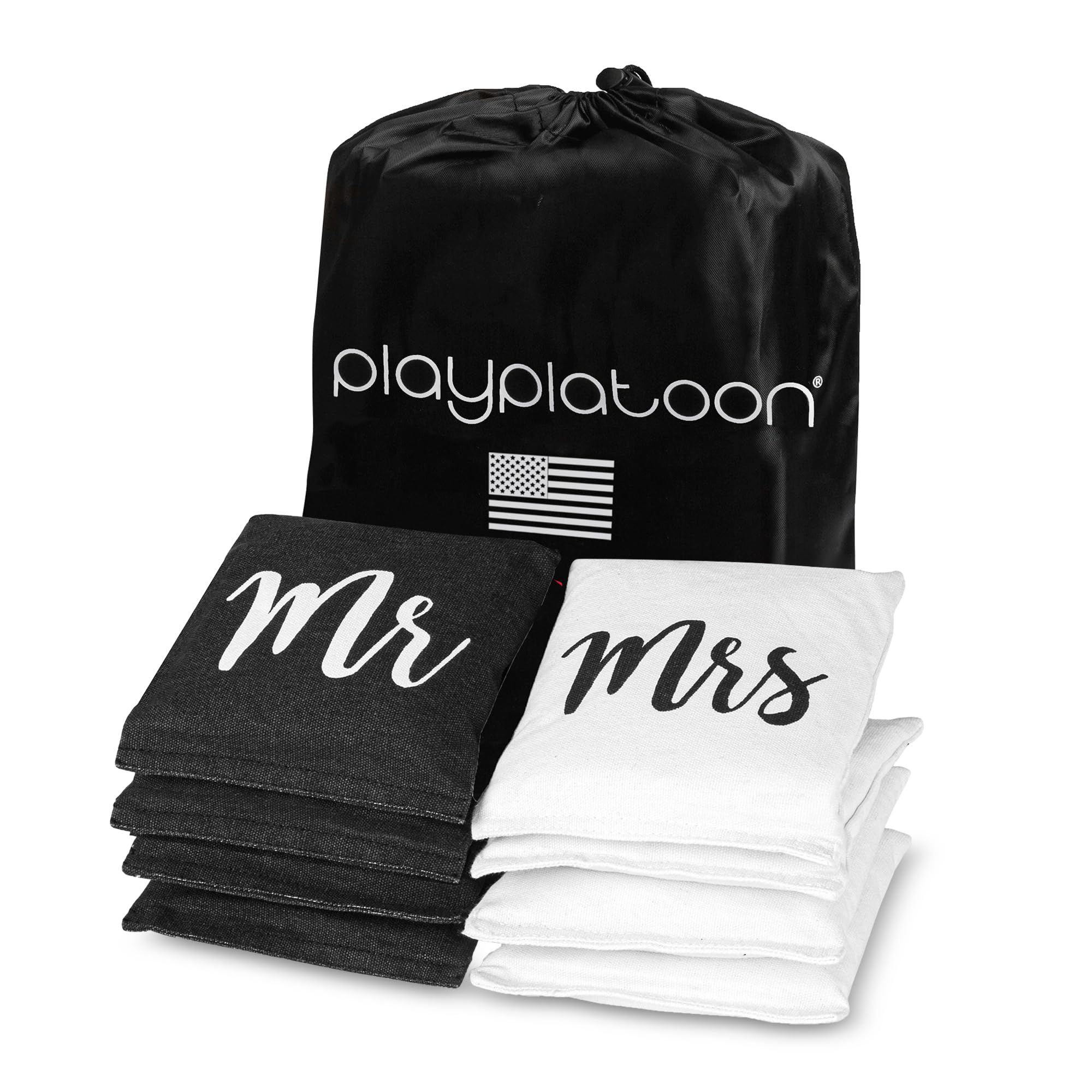 Play Platoon Weather Resistant Cornhole Bags - Set of 8 Regulation Size - Mr & Mrs Wedding Theme - Durable Duck Cloth for Tossing Game, Includes Tote Bag