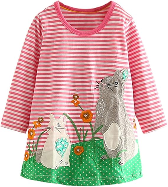 Amazon Littlespring春秋 ガールズ 女の子 長袖 ワンピース パジャマ キッズ ルームウェア 部屋着 ボーダー アニマル柄 カジュアル ワンピース チュニック 通販