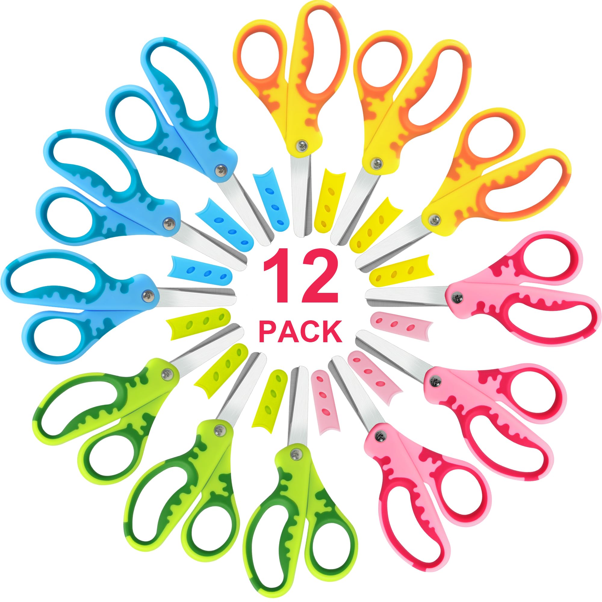 CCR Kids Scissors,Children Safety Scissors with Cover,13.5cm Soft Grip Handed,for School Classroom Children's Art and Craft Supplies,Assorted Color,Set of 12