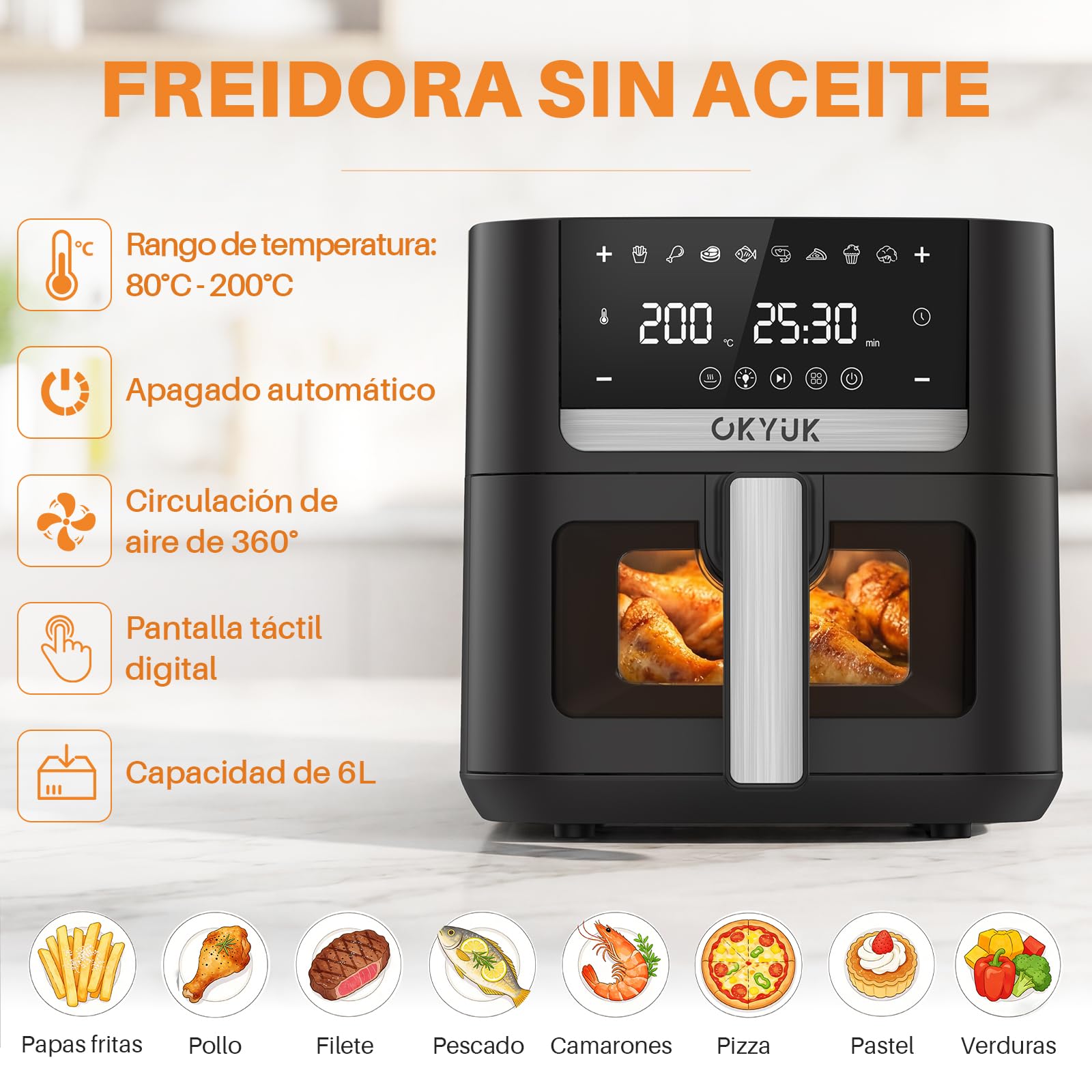 OKYUK Heißluftfritteuse 6L Airfryer XL - 1200W Friteuse ohne Öl mit Metall-Innenraum | Heissluftfriteuse Air Fryer, 8 Programmen, Digitales LED-Display, Timer, Benutzerfreundlich, 80-200°C 3
