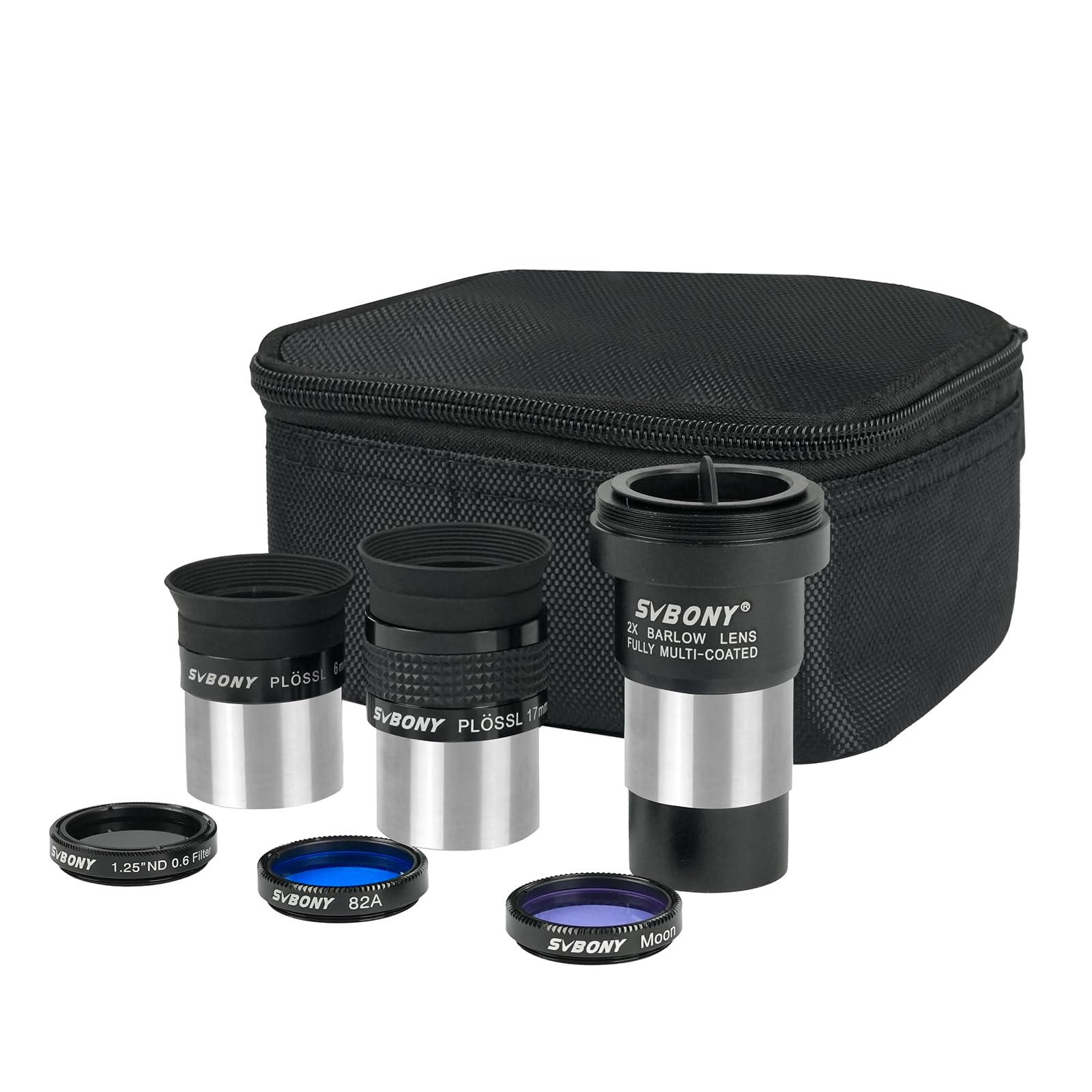 Svbony SV233 Telescope Eyepiece Kit, 6mm, 17mm PLOSSL Eyepiece, 2x Barlow Lens, Moon, ND4, 82A Color Filter, with a Portable Bag, Seven-Piece Telescope Accessories for Astronomical Visual Planets