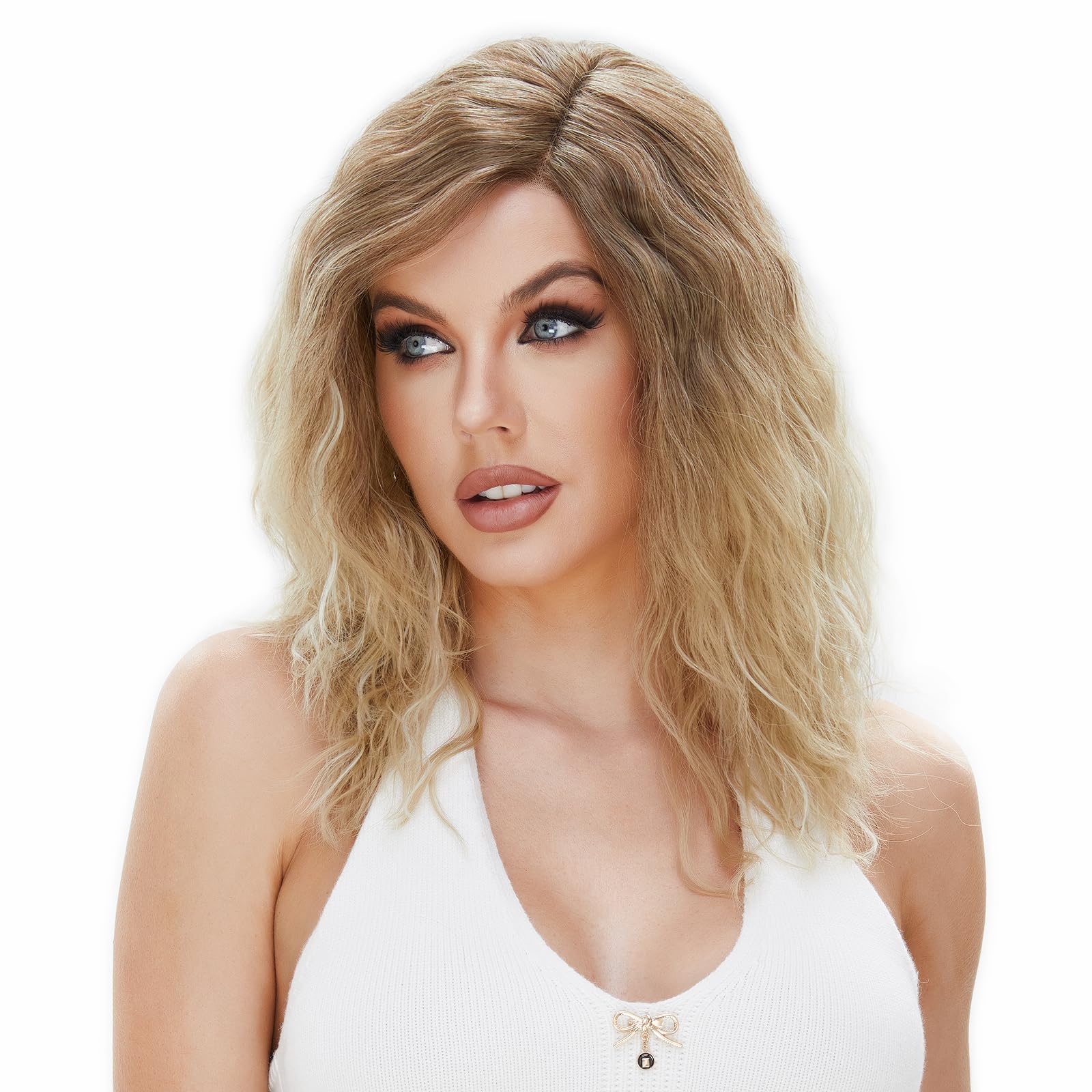 Ombre Blonde Natural Wave Short Women Lace Front Synthetic Wigs 6X4X0.5 T-Part Lace Wig Middle Length Curly Wigs with 180 Density Side Part Synthetic Hair for Womens Ladies Daily Used 18inch