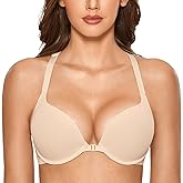 DOBREVA Women's Push Up Bra Racerback Front Closure Bras Plunge Underwire Tshirt Padded Lace