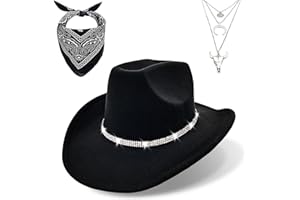 JIANGLAI Western Black Cowboy Hats for Women Men, Fedora Wide Brim Rhinestone Cowgirl Hat with Bandana and Evil Eye Bull Head Necklace