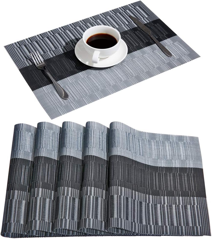 DOLOPL Placemat Placemats Waterproof Black and Gray Placemats Set of 6 Woven Vinyl Laminated Table Mat Easy to Clean Heat Resistant Wipeable Spring Placemats for Dining Table: Home & Kitchen