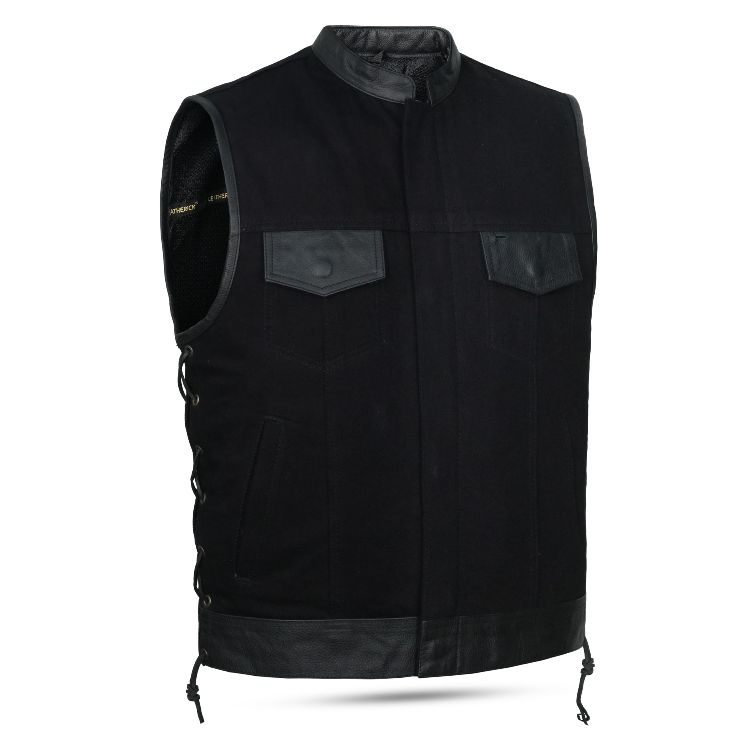 Black Side Laced SOA Leather Trim Denim Biker Waistcoat Vest with Deep Pockets (4XL) Black
