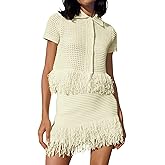 Fisoew Womens 2 Piece Crochet Outfits Short Sleeve Button Knit Sweater Tops Fringe Skirt Summer Vacation Sets Beach Cover Ups