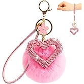 HONYJOOM Cute Heart Keychains for Women, Bling Key chain Accessories Girly Wristlet Keychain for Car Keys, Backpack pom pom