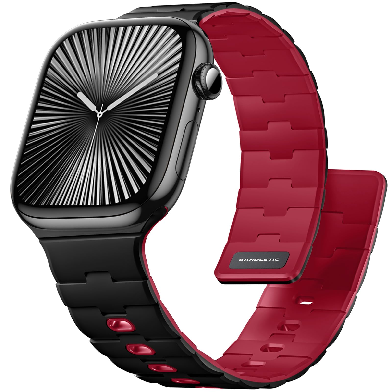 Photo 1 of Bandletic Magnetic Bands Compatible with Apple Watch Band 44mm 45mm 46mm 49mm 42mm(Series 3) for Women Men, Silicone Magnet Strap for iWatch Series 11 10 9 8 7 6 5 4 Ultra SE 3 2 1, Black/Crimson