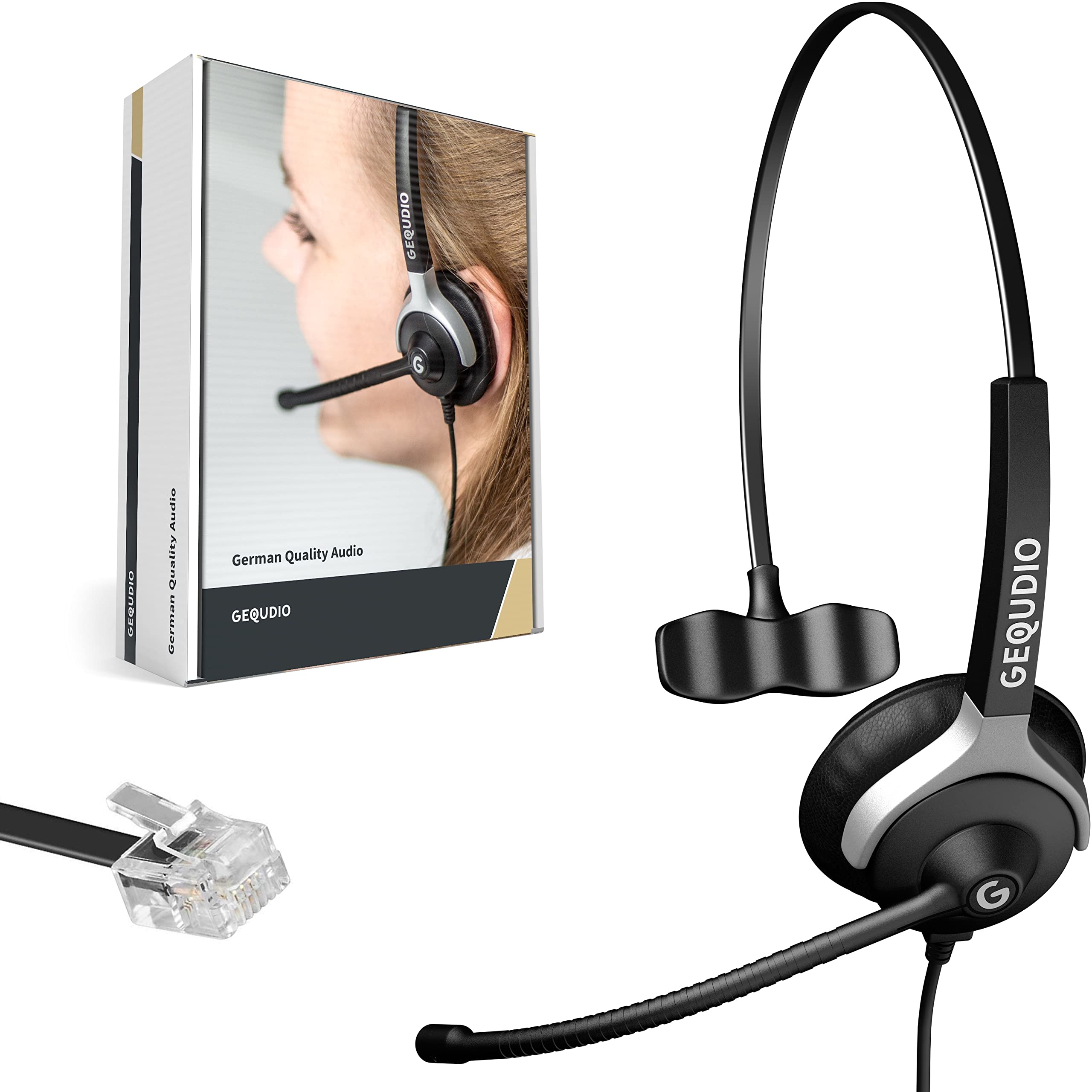 GEQUDIO Headset Compatible with Unify OpenStage 30 40 60 80 and OpenScape Series Phone - Includes RJ Cable - Headphones & Microphone with Replacement Pad - Especially Light 60 g (1-Ear)