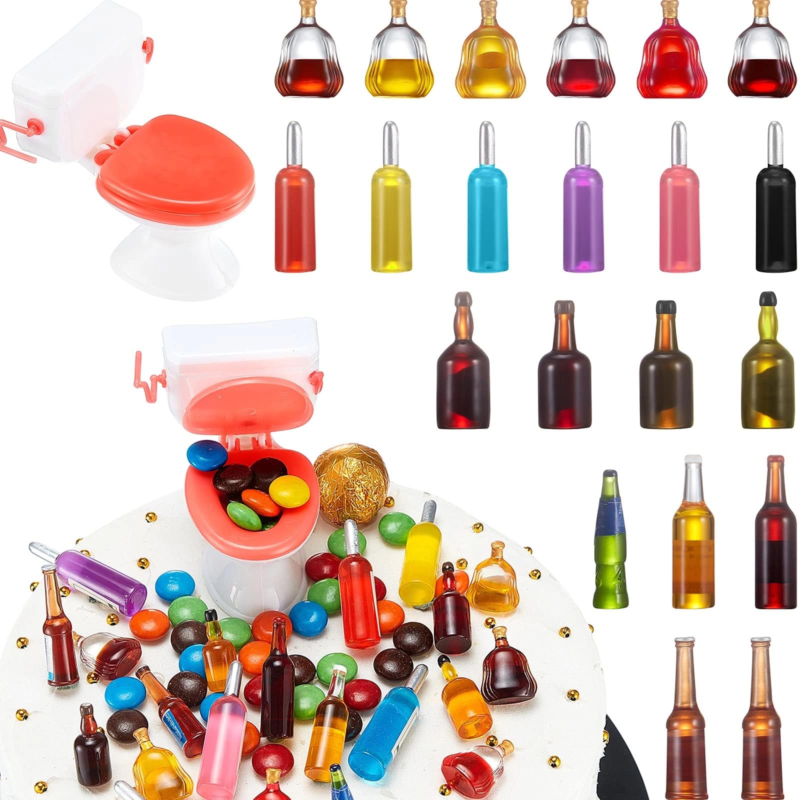 Photo 1 of 21 Pieces Miniature Bottles with 1 Piece Mini Toilet Cake Topper Dollhouse Cake Miniature Funny Toy Set for Party Celebrating Party, Birthday Decorations