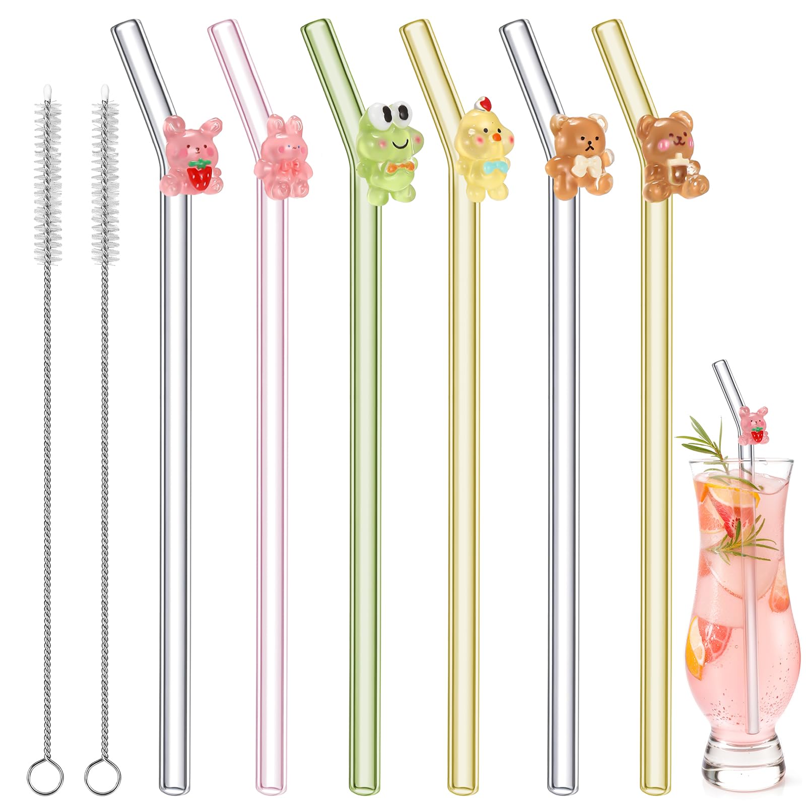 Photo 1 of Yinkin 6 Pcs Reusable Glass Straw with 2 Cleaning Brush, Charm Cute Colorful Pattern Sticky Reinforced Glass Shatter Resistant Straw for Coquette Party Cocktail Bachelorette Supplies(Animal Style)