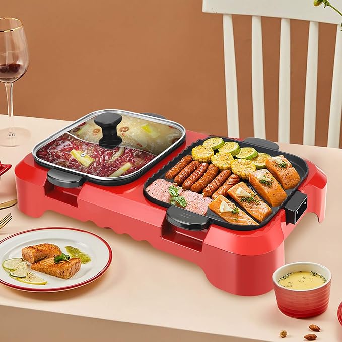 Grill with Hot Pot, 2200W Electric NonStick Hot Pot with